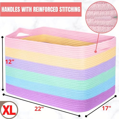 22in Extra Large Blanket Basket Holder Living Room, Rectangle Rope Woven Storage Basket with Handles for Laundry, Pool Towels, and Shoes, Dog Toy Organizer Bin Box, Pastel Rainbow