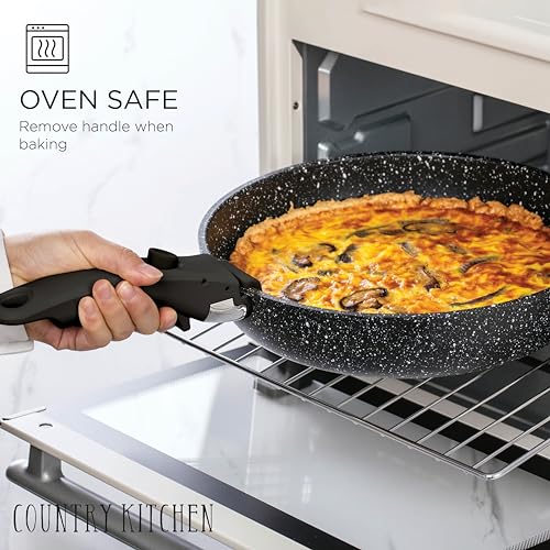 Country Kitchen Cookware Set with Removable Handle, Oven & RV Safe Pots and Pans Set, Black, Deluxe Larger Set - color: Black, size: Larger