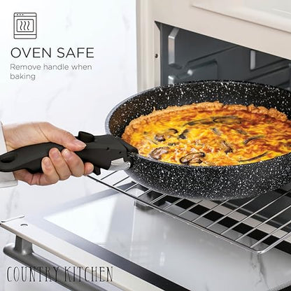 Country Kitchen Cookware Set with Removable Handle, Oven & RV Safe Pots and Pans Set, Black, Deluxe Larger Set - color: Black, size: Larger