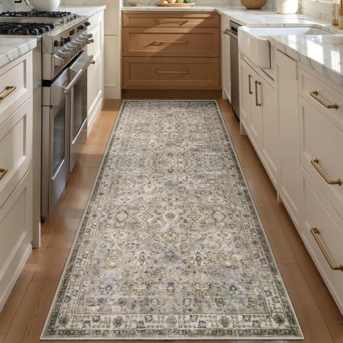 Tangsoo 2x6 Washable Runner Rug for Hallway,Non Slip Boho Vintage Beige Rug | Farmhouse Rug Runner for Kitchen Entryway,Distressed Grey Carpet Runner Soft Low Pile Gray Mat for Bedroom Bathroom Laundry - color: Distressed Beige Grey, size: 2' X 6' (Runner