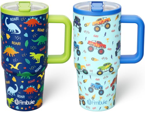 Fimibuke 20oz Kids Insulated Tumbler with Handle, Toddler Water Bottle | Leakproof 18/8 Stainless Steel Cups w/ Flip Straw Lid & Silicone Straw, BPA Free Water Bottle Kids School Gift for Boys Girls - color: Dinosaur & Monster Trucks