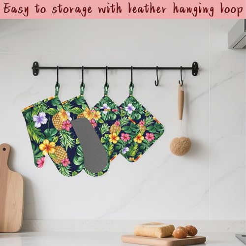 Pineapple Heat-Resistant Silicone Oven Mitts and Pot Holders,Hawaiian Tropical Palm Leave Flower Long Oven Gloves with Non-Slip Grip for Cooking, Baking, Grilling,BBQ - color: Pineapple Hawaiian Tropical Palm Leave Flower