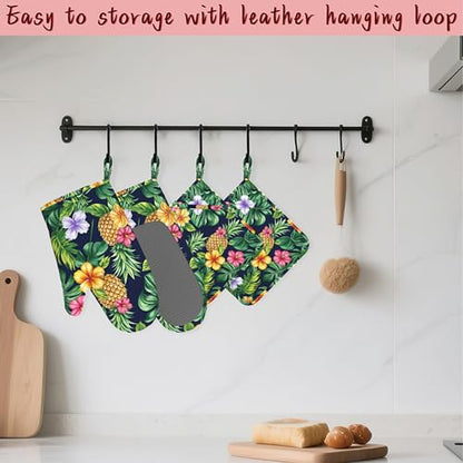 Pineapple Heat-Resistant Silicone Oven Mitts and Pot Holders,Hawaiian Tropical Palm Leave Flower Long Oven Gloves with Non-Slip Grip for Cooking, Baking, Grilling,BBQ - color: Pineapple Hawaiian Tropical Palm Leave Flower