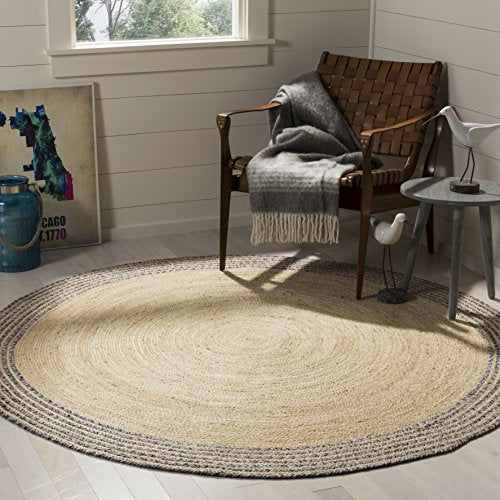 SAFAVIEH Cape Cod Collection Area Rug - 7' Round, Ivory & Steel Grey, Handmade Braided Jute, Ideal for High Traffic Areas in Living Room, Bedroom (CAP204C) - color: Ivory/Steel Grey, size: 7' (Round)
