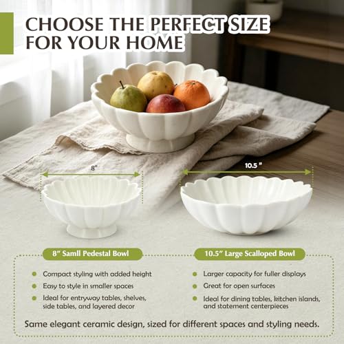 8-Inch Medium Fluted Ceramic Decorative Bowl,Cream White Speckled Fruit Bowl for Kitchen Counter,Key Bowl for Entryway Table,Handcrafted Pedestal Bowl for Coffee Table, Dining Room Centerpiece Bowl ﻿