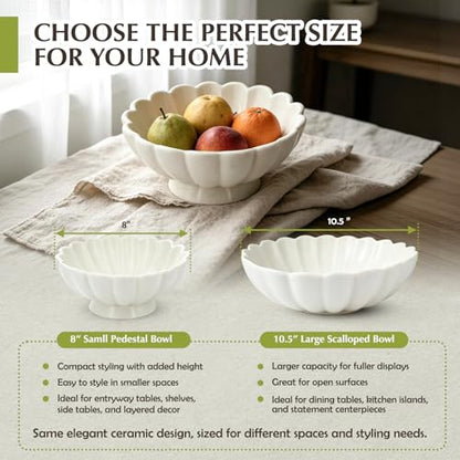 8-Inch Medium Fluted Ceramic Decorative Bowl,Cream White Speckled Fruit Bowl for Kitchen Counter,Key Bowl for Entryway Table,Handcrafted Pedestal Bowl for Coffee Table, Dining Room Centerpiece Bowl ﻿