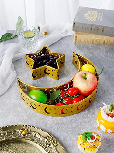 2PCS Ramadan Serving Trays Decorations for Home - Moon Star Shaped Eid Mubarak Table Decor Gifts, Islam Muslim Al-Fitr Iftar Party Crescent Iron Platters Dishes(Moon/Star Pattern) - style: Moon Star