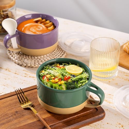 GBhome Ceramic Soup Mugs with Handles and Lids,24 OZ Soup Cups Set of 2 | Terracotta Underside,Mug Bowls with Spoon for Soup/Cereal/Salad/Noodles/Ramen/Microware &Dishwasher Safe-Green&Purple - color: Green&Purple