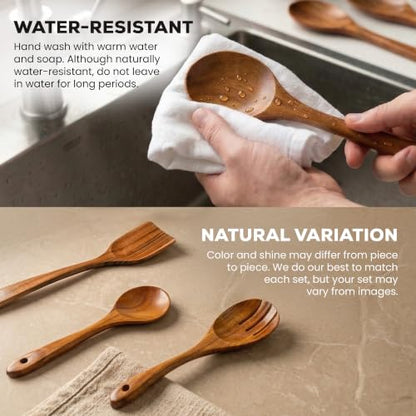 Zulay Kitchen 9-Piece Teak Wooden Utensils for Cooking - Natural Teak Utensil Set with Premium Gift Box - Non-Stick Wooden Spoons for Cooking - Kitchen Gift Set - Comfortable Grip Wooden Utensil Set - size: 9 Piece | Gift Box
