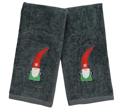 Christmas Guest Hand Towels: Grey Plush Terry Cotton Embroidered Spritly Gnome - color: Nordic Gnome