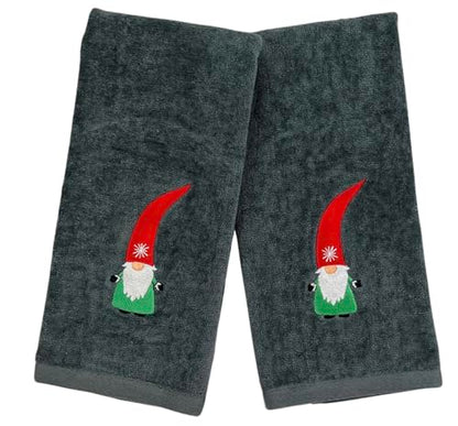 Christmas Guest Hand Towels: Grey Plush Terry Cotton Embroidered Spritly Gnome - color: Nordic Gnome