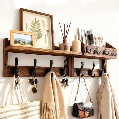 27" Wooden Wall Mounted Coat Rack with Shelf- 4-in-1 Entryway Organizer with 11 Hooks (7 Coat Hooks + 4 Key Hooks), Mail Holder & Display Shelf for Living Room, Bedroom (NOT Come Assembled)