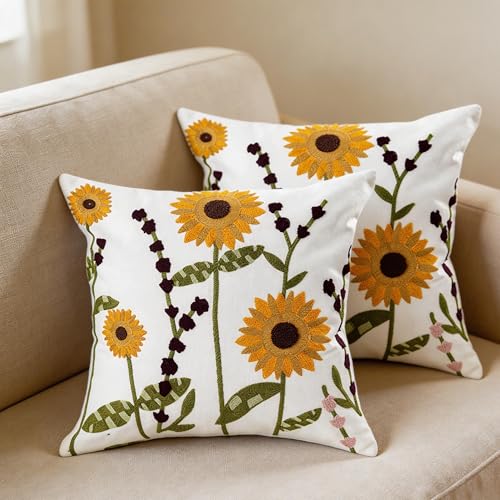Embroidered Cotton Spring Summer Pillow Covers -18x18 inch Cute Countryside Style Comfortable Sofa Decorative Pillow Covers, Suitable for Living Room Sofa Bed, Flower Style (2 pcs Sunflower) - color: 2 Pcs Sunflower
