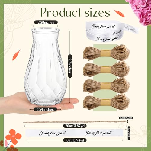 Set of 12 Pcs Small Plastic Bud Vases in Bulk with Gift Wrapping Ribbon, Vases for Flower, Wedding Centerpieces for Home Decor, Living Room, Office Decoration, Housewarming Party Gift (Clear)