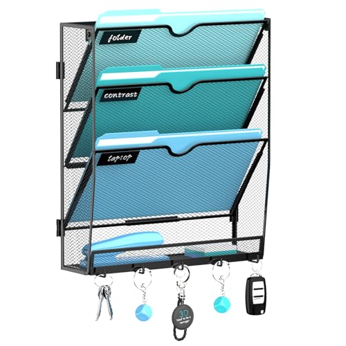 4-Tier Wall File Organizer and Mail Organizer with 5 Hooks, Black | Label slots, curved openings, 5 key hooks, and a bottom tray support organized mail, file, and everyday item storage. - color: Black, size: 4 Tier