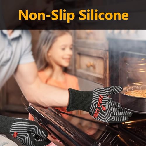 QUWIN Oven Mitts Set, Heat Resistant with Mini Oven Gloves and Hot Pads Potholders, Non-Slip Food Grade Long Oven Mitts for Kitchen Baking Cooking (Black - D)