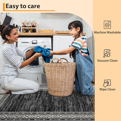 Modern Solid 8x10 Area Rugs for Living Room Washable Non Slip Neutral Rugs, Stain Resistant Bordered Soft Carpet, Neutral Foldable Floor Rugs for Bedroom, Dining Room, Nursery, Black | Non Slip Low Pile Stain Resistant Neutral Bordered Soft Foldable Rug f
