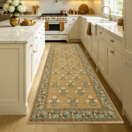 Large Kitchen Runner Rug, Brown, 24" x 70" | Non Slip, Washable, Retro Vintage Floral, For Sink Kitchen Laundry Hallway - color: Brown, size: 24" x 70"