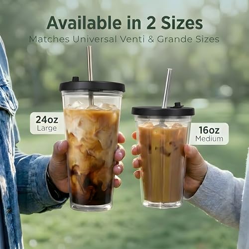 Reusable Iced Coffee Cup with Lid and Straw, 16 oz/Grande, BPA-Free Double-Wall Insulated Plastic Tumbler for Cold Drinks, Includes Clear Plastic Straw, Stainless Steel Straw and Cleaning Brush, Black - color: Black, size: 16 Ounces