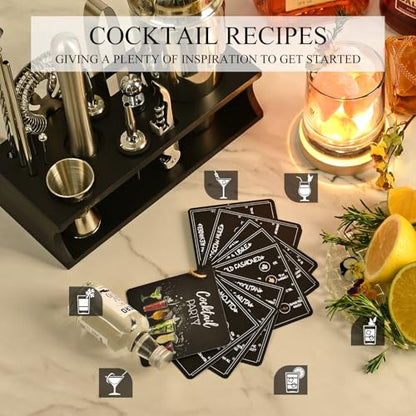 Bartender Kit Cocktail Shaker Set with Stand 17-Piece Bar Tool Bar Set for Drink Mixing Home Bartending Kit Bar Cart Accessories: Martini Shaker, Mixer Spoon, Jigger, Muddler, Strainer & Recipes Gifts - color: Black Silver - 17pcs