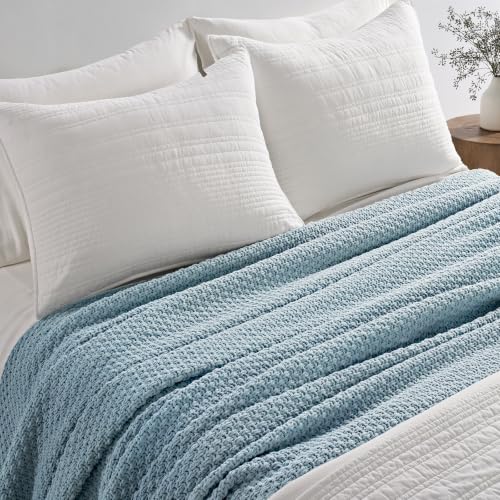 EVERGRACEHOME Chunky Chenille Knit Throw Blanket, 90 x 90, Chambray Blue | Sculpted Moss Stitch, Chic Modern Farmhouse, All-Season Warmth, OEKO-TEX® Certified, Oversized Queen for Couch, Bed, Sofa - color: Chambray Blue, size: 90" X 90"