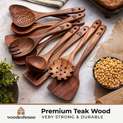 Wooden Spoons for Cooking, 10 Pcs Teak Wood Utensil Set for Nonstick | Durable, Heat Resistant & Food-Safe with Ergonomic Handles – Woodenhouse Kitchen Cookware - size: 10 Piece Set