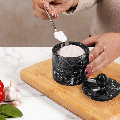 Marble Salt Cellar with Lid 4" Inch Black Handmade Salt Jar & Spice Storage Containers For Kitchen Countertop, Ideal Sugar Bowl & Salt dish For Table - color: Black