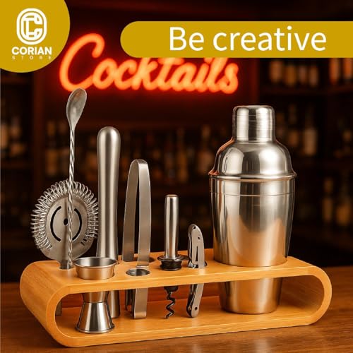 Cocktail Shaker Set Bartender Kit with Stand – Professional Bar Set for Home Bar – Martini Shaker, Jigger, Muddler & Strainer – Complete Drink Mixer & Bar Tools Set for Cocktails and Mixology 10 Pcs