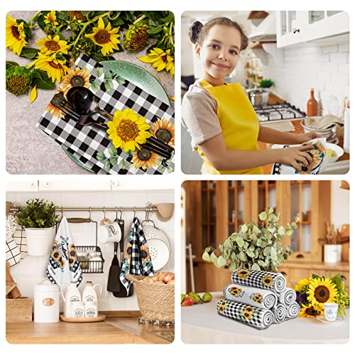 Redbaker 6 Pcs Sunflower Kitchen Towels Buffalo Plaid Dish Towels | Farmhouse Kitchen Decor Towel, Sunflower Design for Housewarming, Hand Drying, Summer Dish Cloths with Black White Plaid - style: Plaid Sunflower