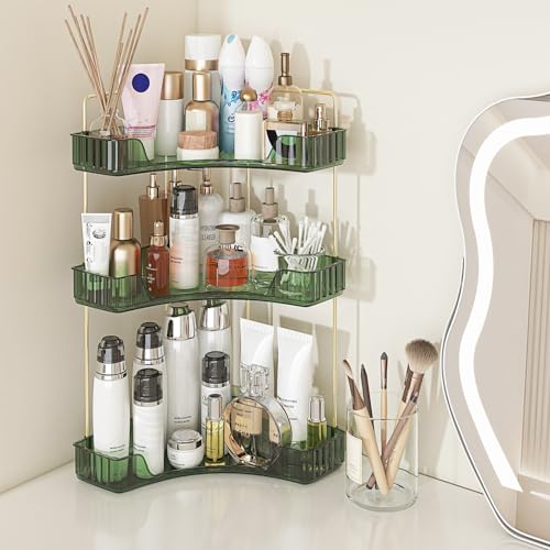 Webetop Corner Bathroom Organizer 3 Tier Makeup Countertop Shelf for Vanity | Compact Corner Design, Daily Item Storage, Easy Reach Access, Modern Appearance, Versatile Home Organization - color: Green, size: 3 Tier without brush holder