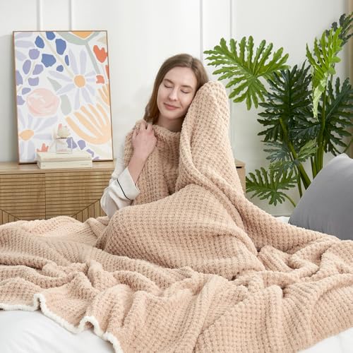 Snuggle Sac Beige Waffle Bedding Blankets Queen Size 90x90 inches, Reversible Microfiber Fluffy Fuzzy Soft Throw Cozy Knit Blanket for Women Mothers Birthday Gifts - color: Waffle Beige, size: Queen(90"x90")