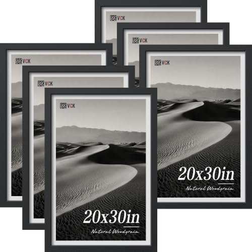 VCK 20x30 Poster Frame 6 Pack - Black Textured Wood 20 x 30 Frames For Wall | 20x30 picture frame, plexiglass, 1.1 inch wide border, vertical or horizontal, for print, poster, gallery, studio, modern - color: Black, size: 20 x 30