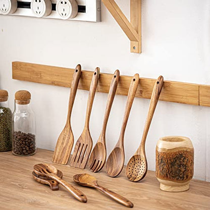 Gudamaye 13 inch Long Wooden Spoons for Cooking,Wooden Utensils for Cooking with Utensils Holder,9 PCES Wooden Kitchen Utensils Set with Utensils Holder and Spoon Rest,Natural Teak Wooden Spoons Set - size: 9 PCS with Holder