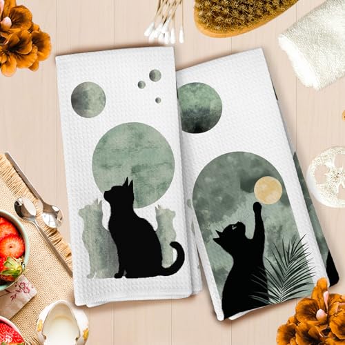 Boho Black Cat Kitchen Towels Set of 4, Sage Green Mid Century Modern Abstract Botanical Decorative Hand Towel for Bathroom, Black Cat Gifts Dish Tea Towels for Kitchen Decor, 16x24 Inch
