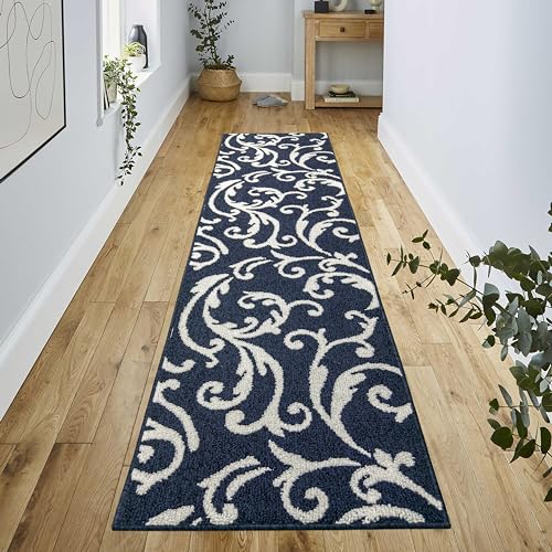 Hallway Runner Rug Non Slip Rubber Backing, 26 inch x 6 ft, Scroll, Blue, Heavy Duty Berber Style Carpet Runner for Entryway, Kitchen, Bathroom, Bedroom, Laundry Room. - color: Scroll Blue, size: 6 Foot Long Runner Rug
