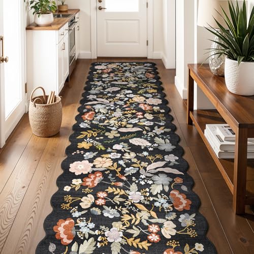3x12ft Long Hallway Runner Rug: Non Slip Washable Floral Floor Runner Black | Scalloped Stain Resistant Wide Carpet Runner for Kitchen Entryway Bathroom，Boho Low Pile Thin Area Rug for Boho Home Decor - color: Black, size: 3' x 12' (Runner)