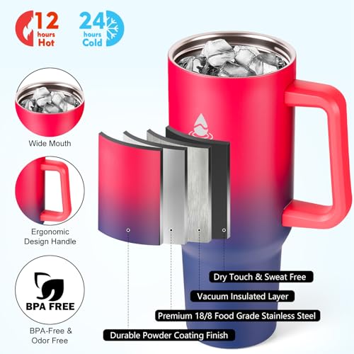 40 oz Tumbler with Handle and Straw or Convert to 40 oz Insulated Water Bottle Fits in Cup Holder. Stainless Steel Metal Water Flask with 2 Lids for Travel,Camping,Gym Sports Coffee Mug Thermal Cup - color: Ruby Red Navy