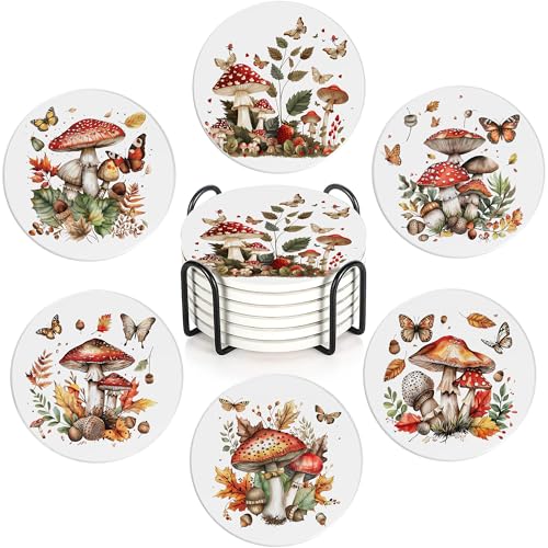 Drink Coasters Set of 6 with Holder, Mushroom Butterfly Absorbent Ceramic Drink Coaster for Tabletop Protection,Suitable for Kinds of Cups,Drinks Coasters for Home Office Decoration(4 Inches) - color: Mushroom Butterfly