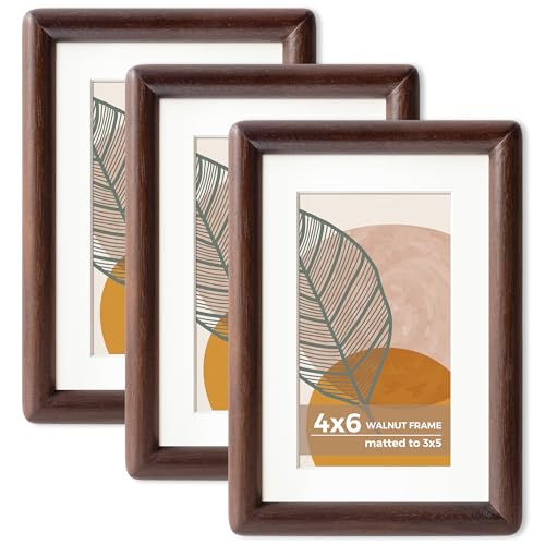 4 x 6 Walnut Frame Set of 3 - Rounded Corner 4x6 Picture Frame Matted to 3.5x5 - USA-Sourced Walnut Wood Frame with Tempered Glass for Tabletop or Wall Mount Display - color: Walnut, size: 4x6 - 3P