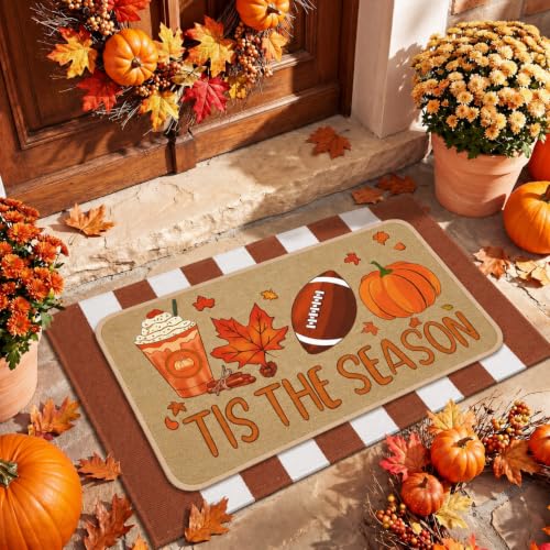 Tinideya 2 Pcs Fall Football Door Mat Outdoor Autumn Pumpkin Welcome Doormat for Front Door Nonslip Linen Rubber Layered Orange Stripe Thanksgiving Harvest Rugs Its The Season Decor for Porch Entryway - size: 16 x 28 Inch,24 x 35 Inch, style: Fall Footbal