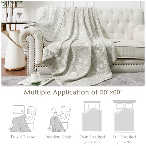 jinchan 100% Cotton Muslin Blanket Twin Boho Throw Blanket 50x60 Light Gray | 3-Layer, Tribal Geometric Quilt, Cooling Breathable Lightweight, for Adult, Soft, Reversible, Summer, Couch, Sofa, Bedroom - color: A. Boho Light Grey, size: 50"x60"