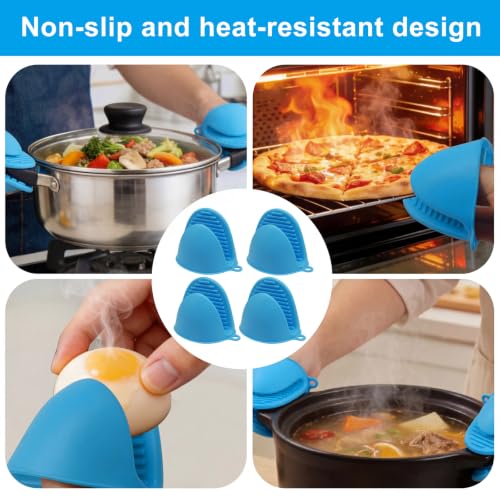 Silicone Oven Mitts Mini, 2 Pairs Heat Resistant Finger Oven Mitts, Non-Slip Silicone Gloves for Kitchen Cooking & Baking, Small Potholders for Air Fryer Grill (Blue) - color: Blue