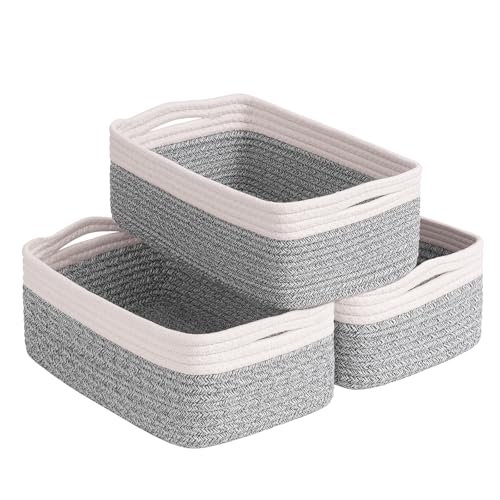 Goodpick 3-Pack Cotton Rope Baskets for Shelves, 11 x 7 x 4.5 in | Woven Baskets for Closet Fit Bedroom Lving Room, Small Baskets for Gift Empty, Dog Toy Basket for Pet, White & Brown - color: White & Light Gray, size: Small (11"L x 7"W x 4.5"H)