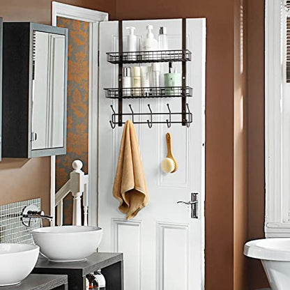 OYEAL Over The Door Hook Rack with 5 Hooks 2 Baskets Steel, Sturdy Durable Coat Rack Towel Hooks Hanging Organizer Shelves for Home Bedroom Bathroom Kitchen, Brown - color: Brown