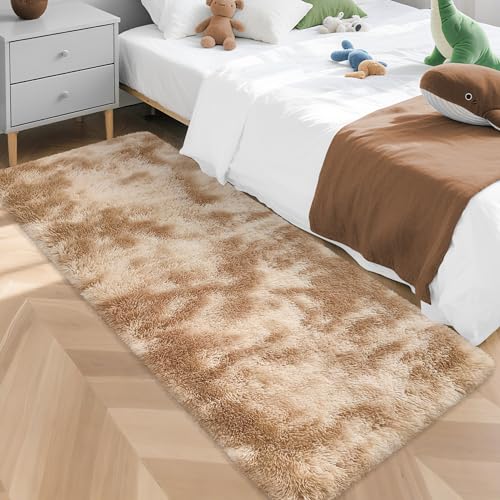 Super Soft Fluffy Living Room Area Rugs 2x5 ft Tie-Dyed Beige Shaggy Furry Carpet Washable Non-Slip Floor Rug Bedroom Bedside Nursery Rug Fuzzy Girls Boy Reduce Noise Dorm Home Decor - color: Tie-dyed Beige, size: 2' x 5' (Runner)