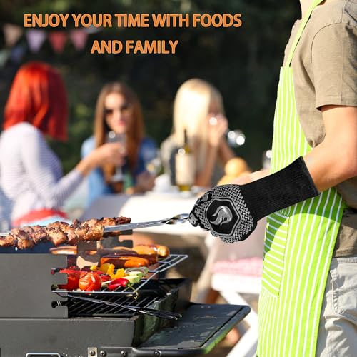 BBQ Gloves 1472F Heat Resistant Non-Slip Silicone 13.5in (Grey) | Grill Cut-Resistant, Oven Kitchen Safe for Barbecue, Cooking, Frying - color: Gray