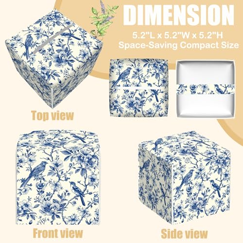 Bird on Blooming Branches Tissue Box Cover Square, Blue Flower Tissue Box Holder with Bottom Belt Leather Facial Paper Organizer Dispenser for Bathroom Bedroom Dresser Night Stand Tabletop - color: Bird on Blooming Branches