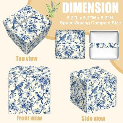 Bird on Blooming Branches Tissue Box Cover Square, Blue Flower Tissue Box Holder with Bottom Belt Leather Facial Paper Organizer Dispenser for Bathroom Bedroom Dresser Night Stand Tabletop - color: Bird on Blooming Branches