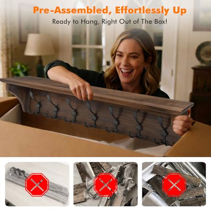33" Coat Rack with Shelf Wall Mount, Pre-Assembled Solid Wood Coat Hooks with Shelf, Wall Coat Hanger with 7 Metal Triple-Hooks for Hanging Hat,Key,Clothes,Towel, for Entryway,Bedroom,Bathroom,Charred - color: Charred
