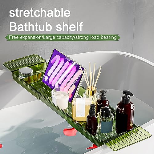 Bathtub Tray Table, Adjustable Bath Tray for Tub, Bath Accessories, Deluxe Bathroom SPA Bath Tray, Expandable Drain Bath Shelf Caddy Tray with Anti-Slip mat, Fits Most Tubs(Transparent Green) - color: Transparent Green